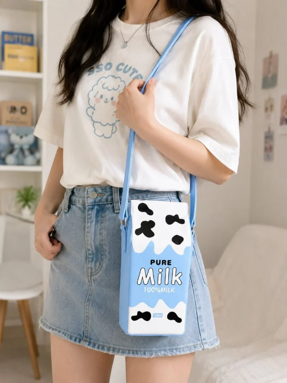 Blue Milk Carton Cow Print Novelty Crossbody Kids Teens Purse